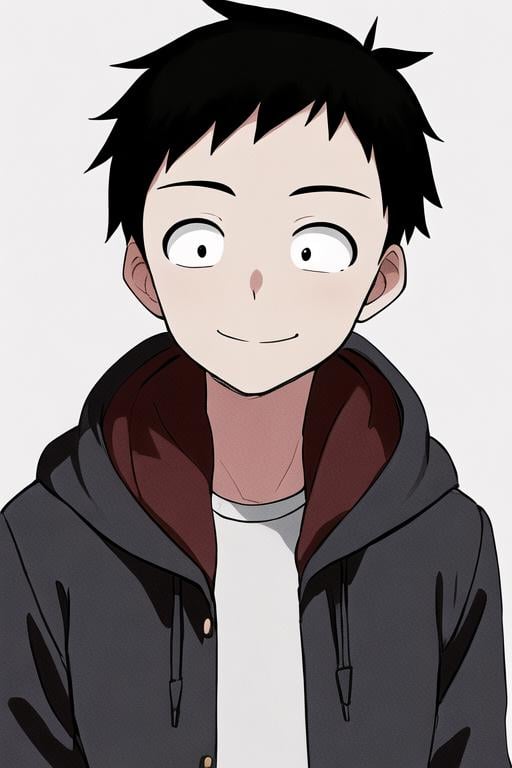 <lora:adultNishikata:0.7>  masterpiece, best quality, solo, short hair, simple background, shirt, black hair, 1boy, sanpaku, dot pupils, smile, white background, closed mouth, jacket, white shirt, upper body, male focus, hood, black eyes, hood down,  looking at viewer, 