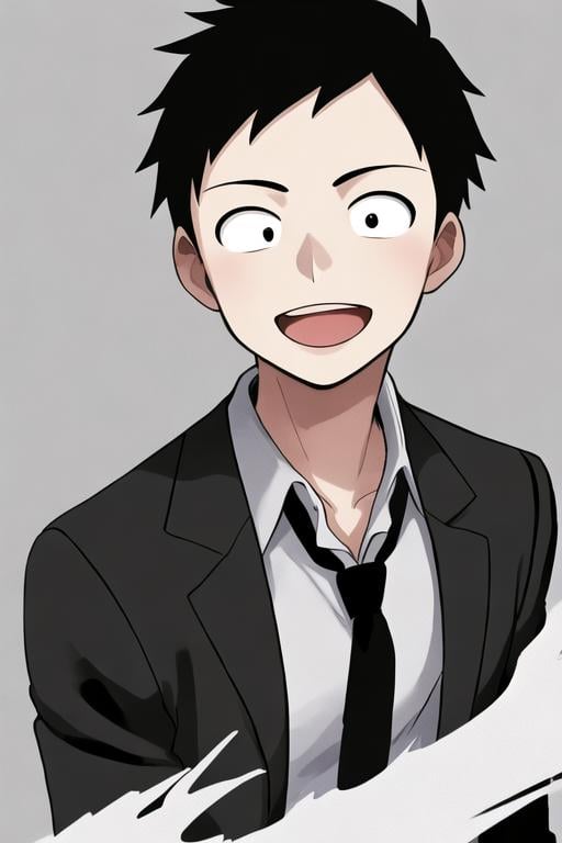 <lora:adultNishikata:0.7>  masterpiece, best quality, solo, short hair, black hair, 1boy, solo, black eyes, sanpaku, dot pupils, smile, open mouth, open mouth, collared shirt, black jacket, black suit, necktie, upper body, simple background, 