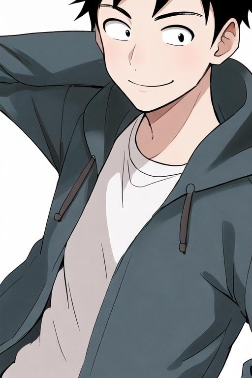 <lora:adultNishikata:0.7>  masterpiece, best quality, solo, short hair, simple background, shirt, black hair, 1boy, sanpaku, dot pupils, smile, white background, closed mouth, white shirt, upper body, male focus, blue hoodie, black eyes, hood down, 