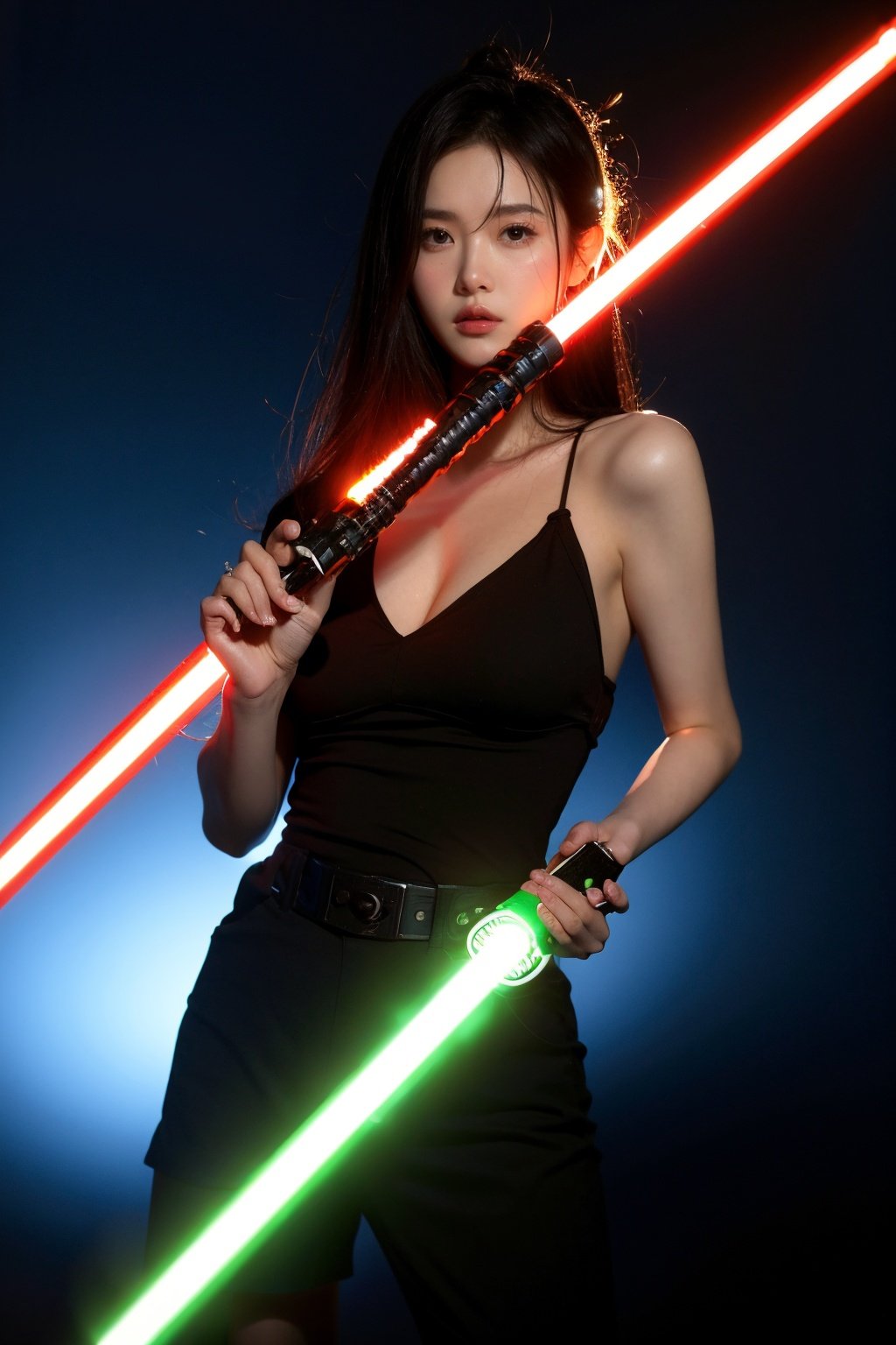 Best quality,masterpiece,ultra high res,photorealistic,1girl,MMN,MN,cho girl,1girl,solo,looking at viewer,studio light,realistic,photorealistic,undone sarashi,Lightsaber Red,a supernatural detective solving crimes,