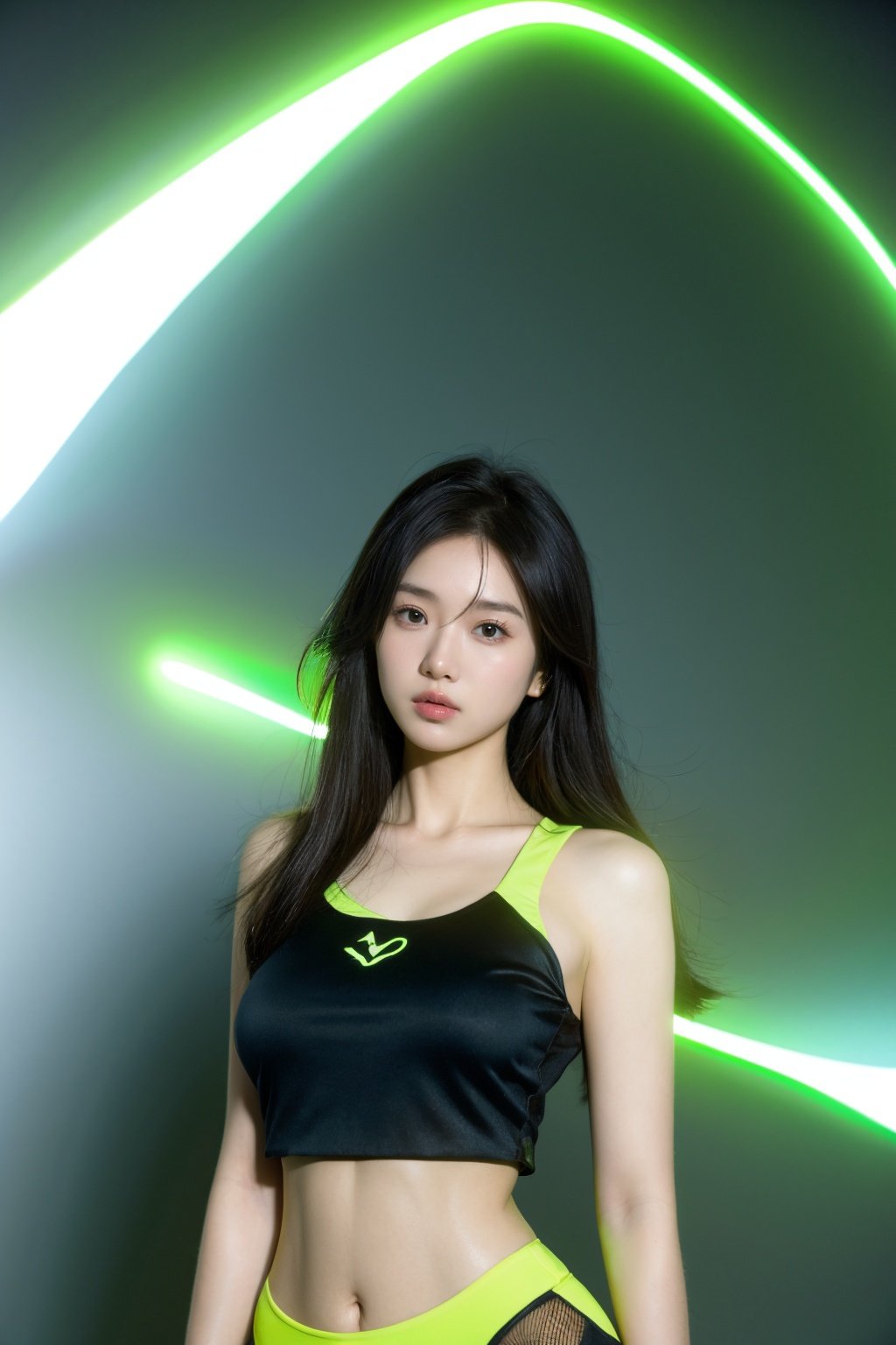 Best quality,masterpiece,ultra high res,photorealistic,1girl,MMN,MN,cho girl,1girl,solo,looking at viewer,studio light,realistic,photorealistic,croptop,Fluorescent Green,a secret society of powerful witches,