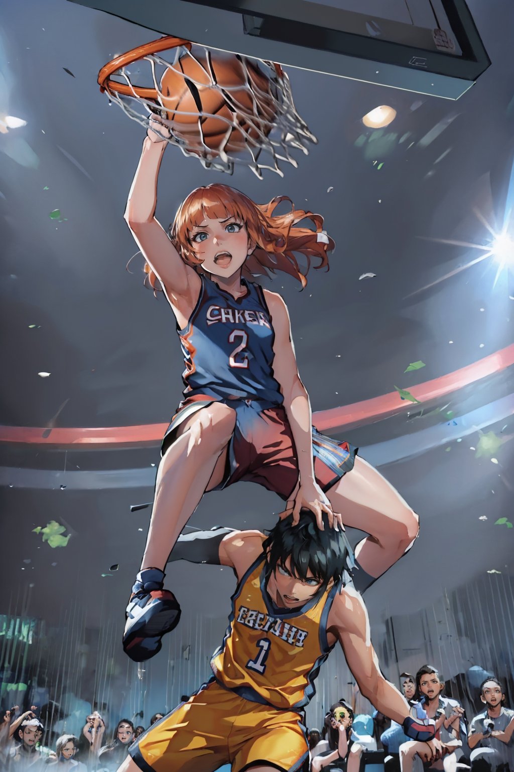 (masterpiece, best quality:1.2), 1boy, 1girl, open mouth, slam dunk, basketball uniform, basketball court <lora:concept_slamdunk-10:1>