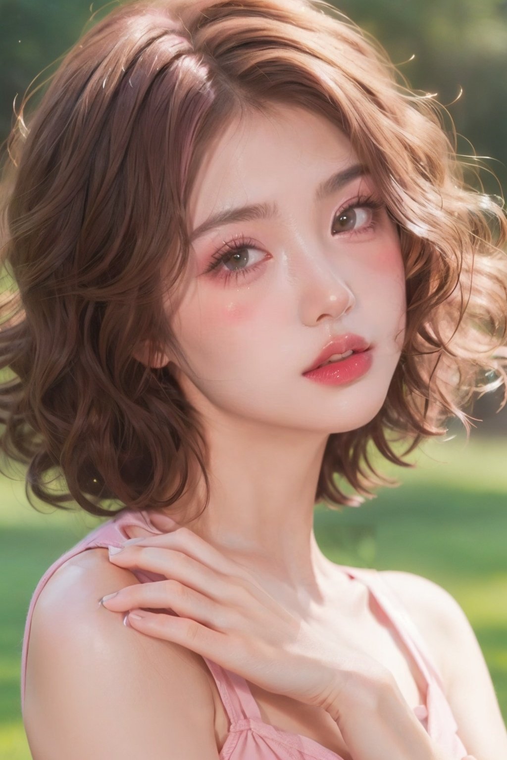 1girl,solo,looking at viewer,parted lips,brown eyes,realistic,standing,<lora:pink makeup-000000:0.7>,pink makeup,curly hair,hold your face with one hand,