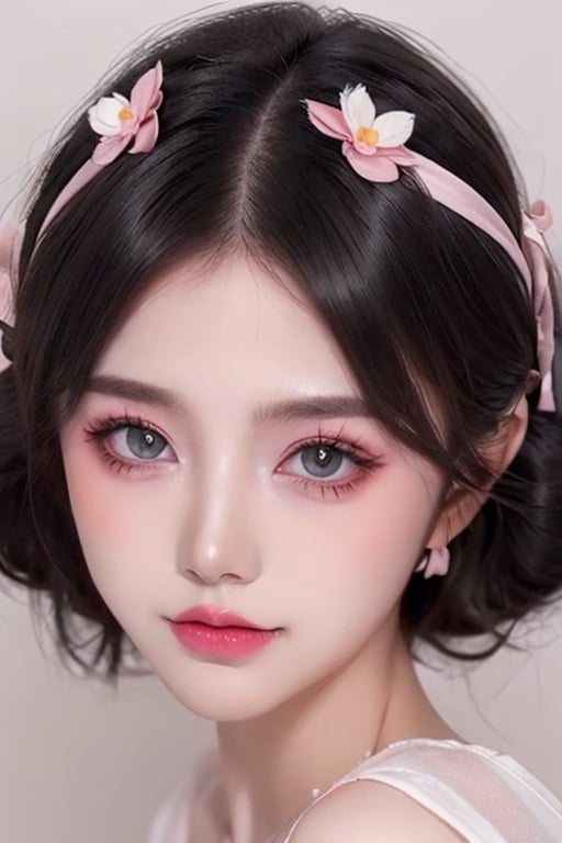 masterpiece,best quality,1girl,pink makeup,<lora:pink makeup-000000:0.8>,white hair,black hair accessories,