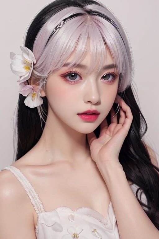 masterpiece,best quality,1girl,pink makeup,<lora:pink makeup-000000:0.2>,white hair,black hair accessories,white floral dress,