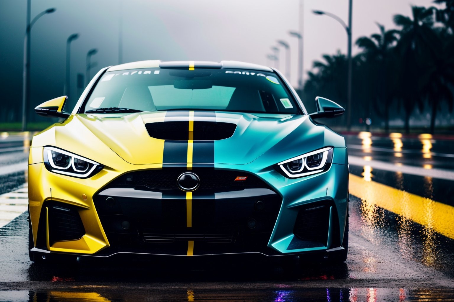 capture the essence of a car on a rainy day, its sleek form glistening with raindrops on the wet ground. Utilize vivid colors, dynamic lighting, and create a bright image that portrays the beauty of the rainy atmosphere with a touch of vibrancy.
,Car