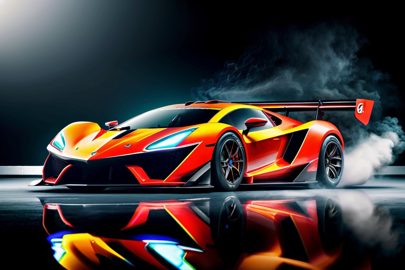 (best quality,highres),a super car,speed,race track,smoke,ultra-detailed,aggressive design,extreme aerodynamics,sharp curves,vibrant colors,blurry background,studio lighting,reflection effects,Car