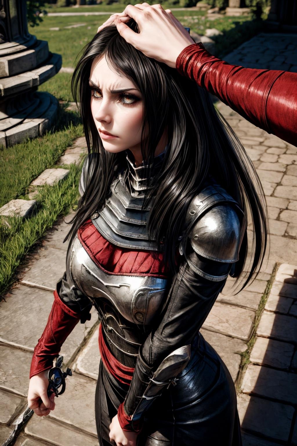 Highly detailed, High Quality, Masterpiece, beautiful, full body, <lora:Serana-10:0.6>, Serana,  <lora:more_details:1>,   <lora:HeadpatPOV:1>, HeadpatPOV, pov, headpat, angry, anger vein