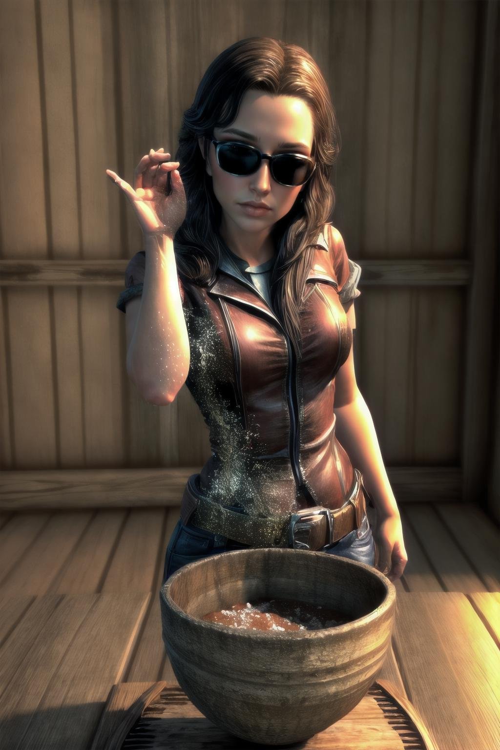 Highly detailed, High Quality, Masterpiece, beautiful,  1girl, solo, full body, <lora:Lydia-07:0.8>>, Lydia, <lora:more_details:1>,   <lora:SaltBaeMeme:1>, SaltBaeMeme, salt, sunglases