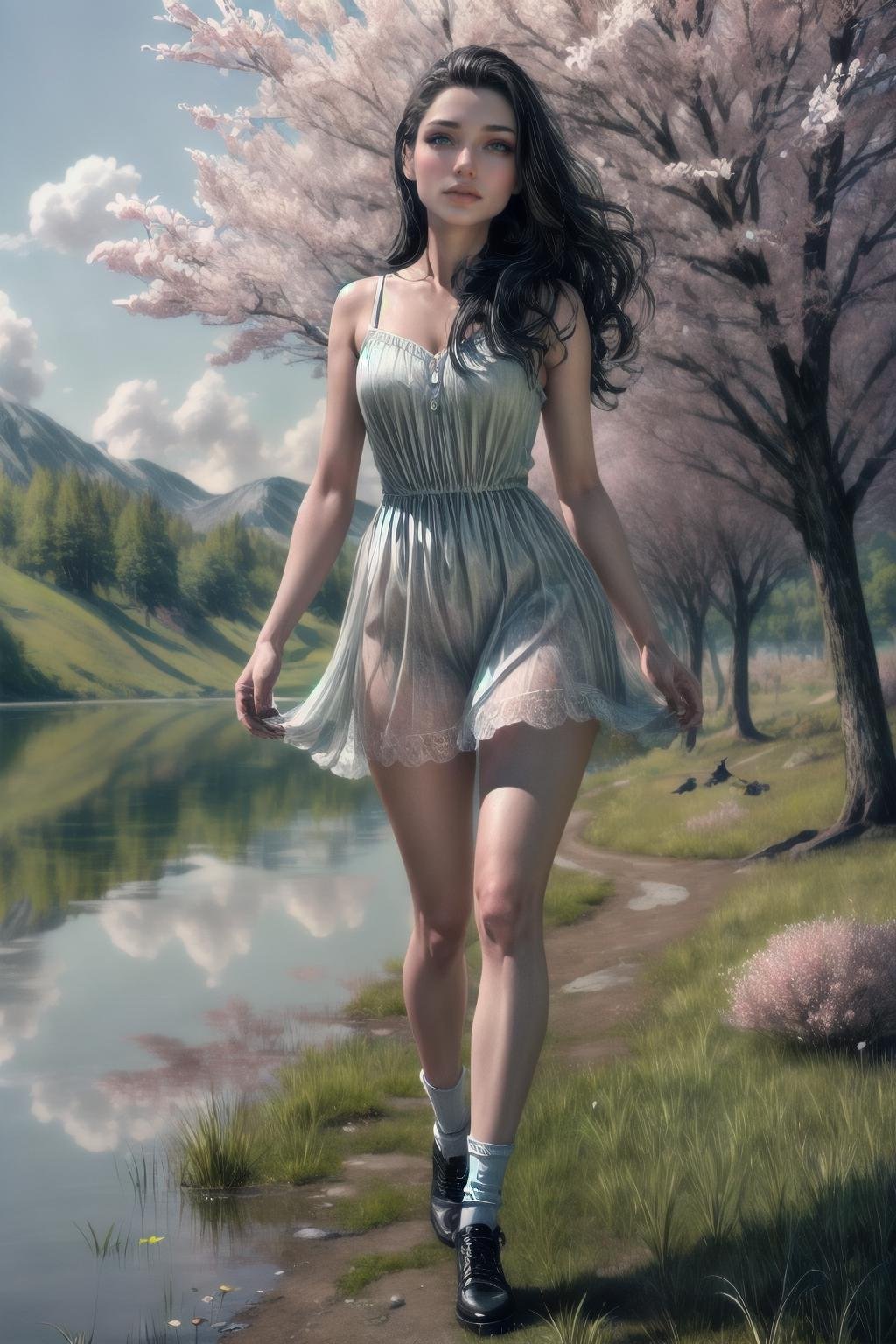 Highly detailed, High Quality, Masterpiece, beautiful,  1girl, solo, full body, <lora:Lydia-07:0.8>>, Lydia, <lora:more_details:1>, long hair, green eyes, (Detailed eyes description),(Detailed face description)(floating in the wind),hair ornament,white dress,bare legs,white socks,leather shoes,arms and hands behind back,blush,fluttering grass,(spring,sakura blossoms),petals,(lens flare),altocumulus,dazzling light,cool breeze,(shade) of [a sakura tree],meadow,(the grass is growing and the birds are flying),(lake,surface reflection)