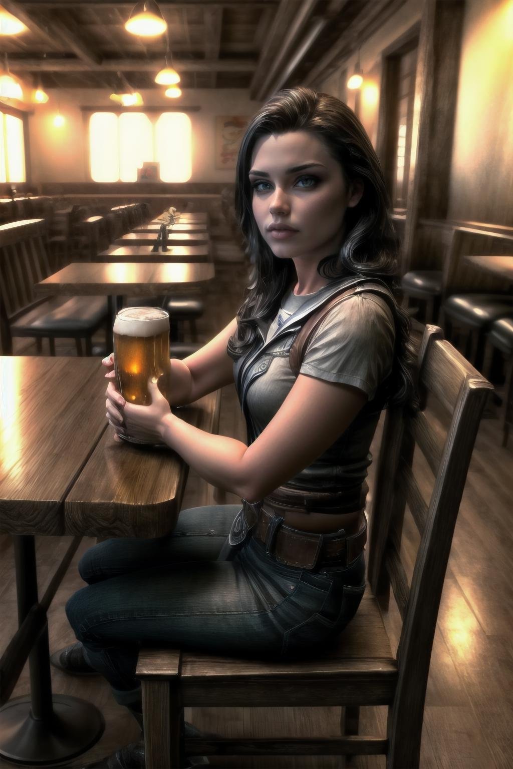 Highly detailed, High Quality, Masterpiece, beautiful,  1girl, solo, full body, <lora:Lydia-08:0.8>>, Lydia, <lora:more_details:1>,  sitting, old_restaurant, cup, drinking_beer