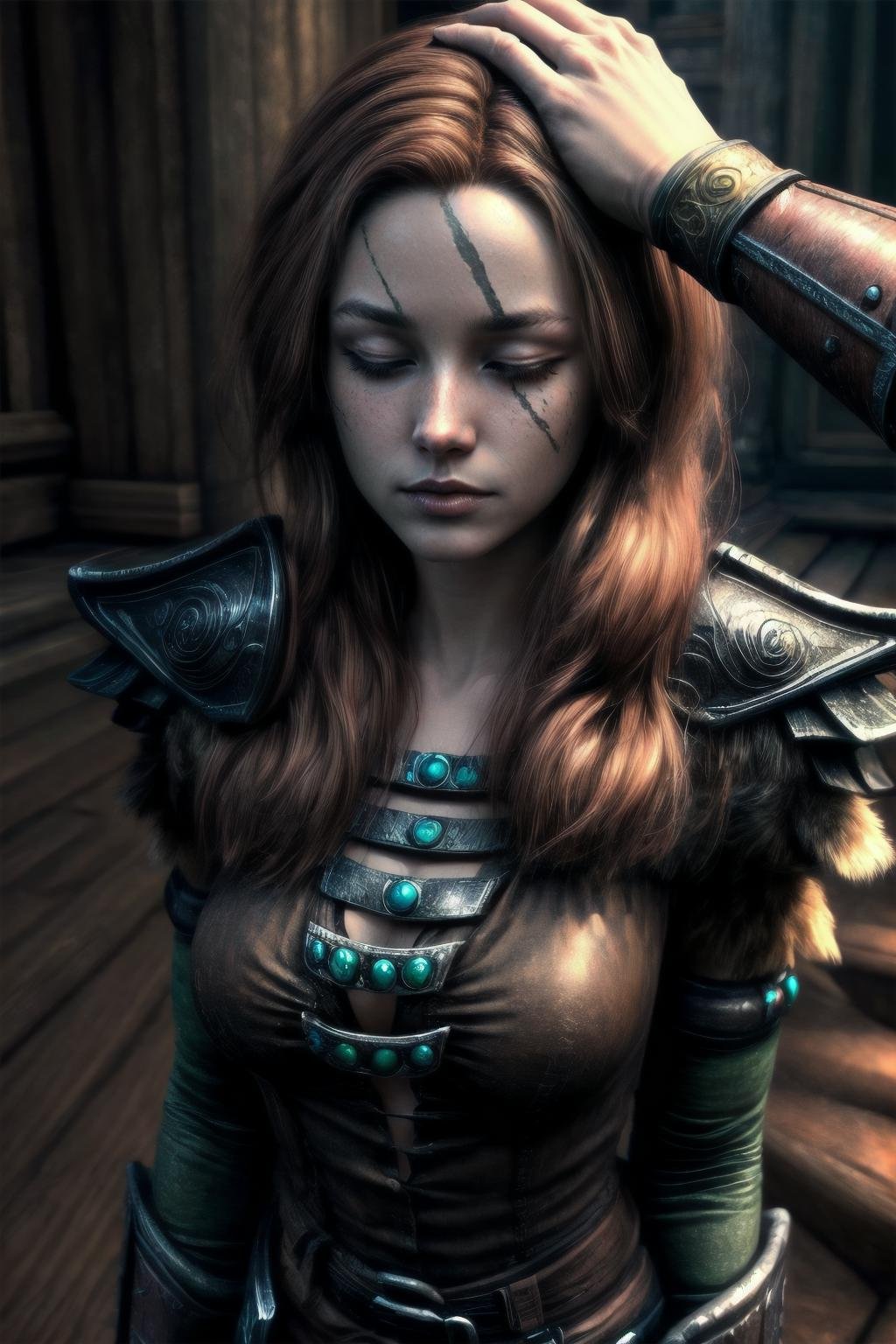 Highly detailed, High Quality, Masterpiece, beautiful, <lora:Aela-09:0.7>, Aela, <lora:more_details:1>,    <lora:HeadpatPOV:1>, HeadpatPOV, pov, headpat, closed eyes, 