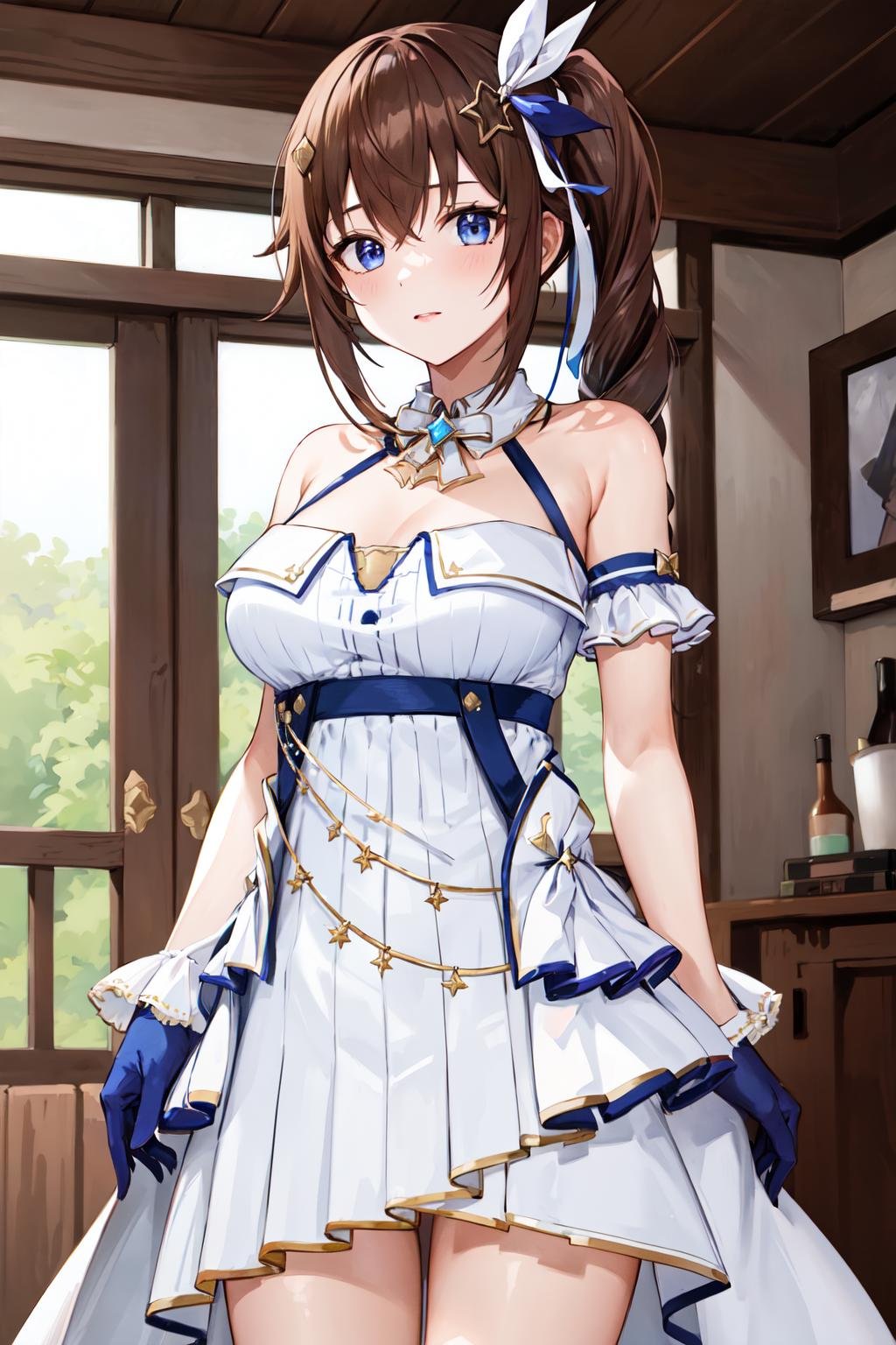 masterpiece, best quality, highres, ts3, side ponytail, white dress, blue gloves, bare shoulders, breasts, <lora:tokino_sora_v20a:0.7>, cowboy shot, standing, looking at viewer