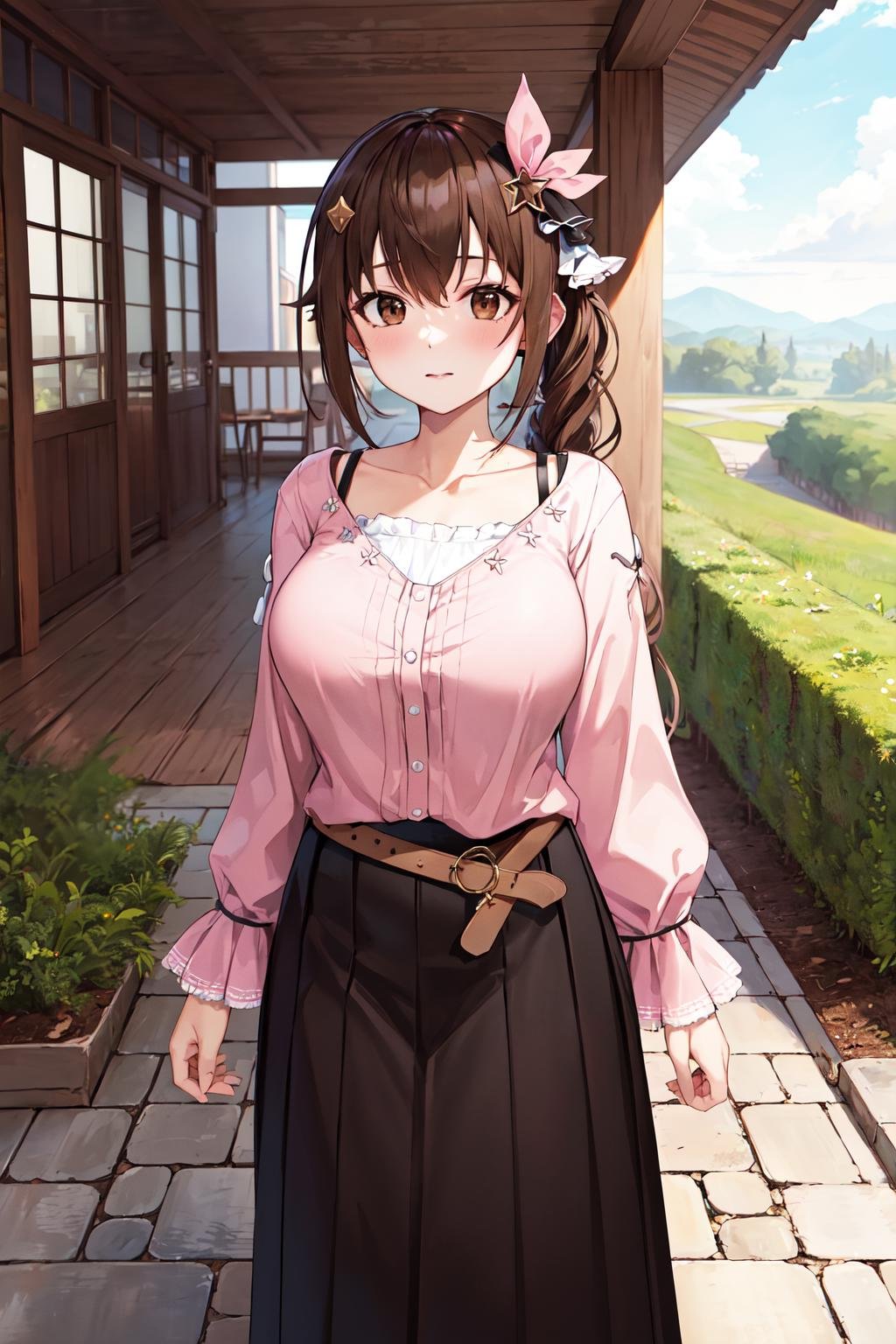 masterpiece, best quality, highres, ts2, brown eyes, pink shirt, long skirt, belt, long sleeves, breasts, <lora:tokino_sora_v20a:0.7>, cowboy shot, standing, looking at viewer, outdoors,