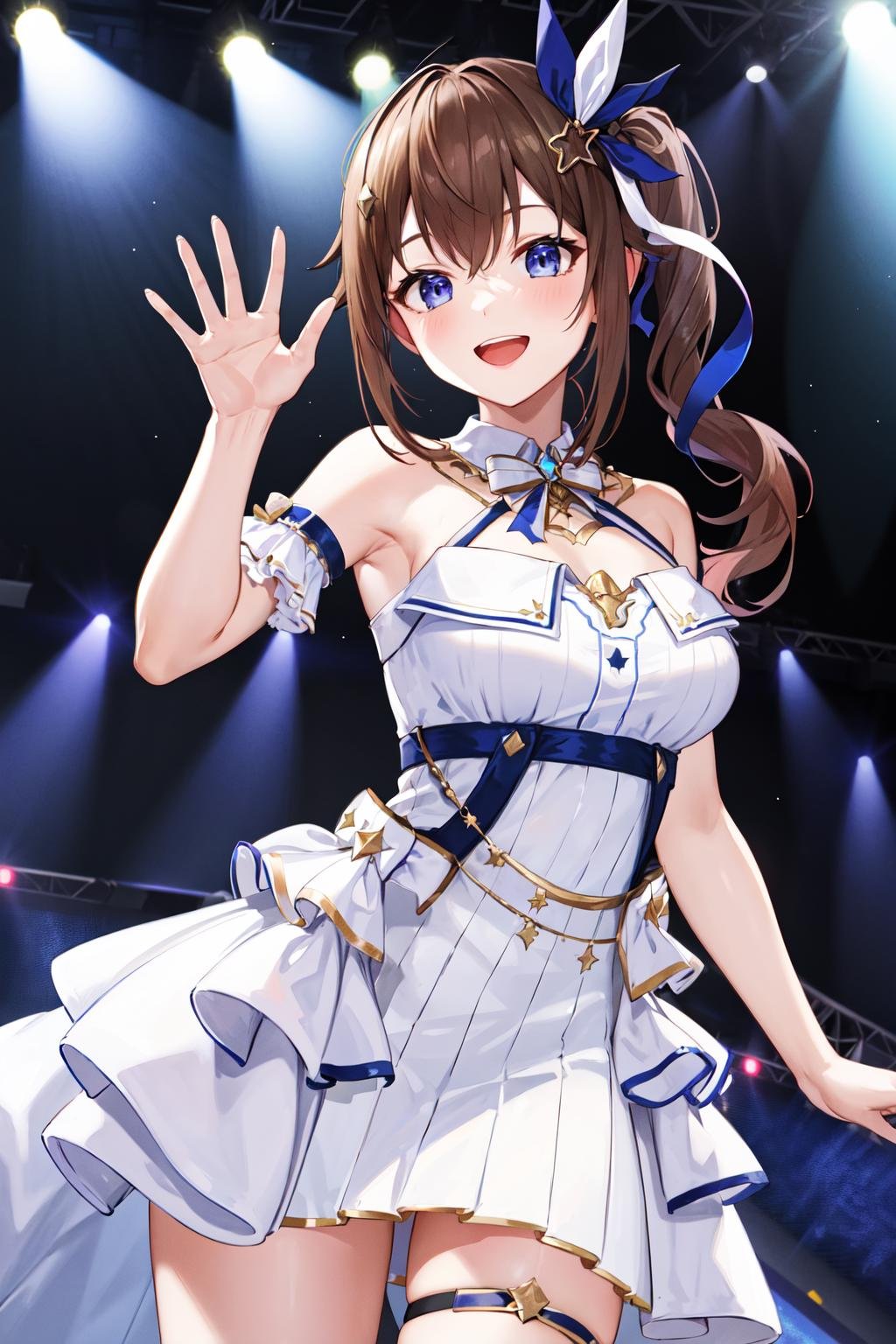 masterpiece, best quality, highres, ts3, side ponytail, white dress, blue gloves, bare shoulders, breasts, <lora:tokino_sora_v20a:0.7>, cowboy shot, smile, waving, open mouth, on the stage