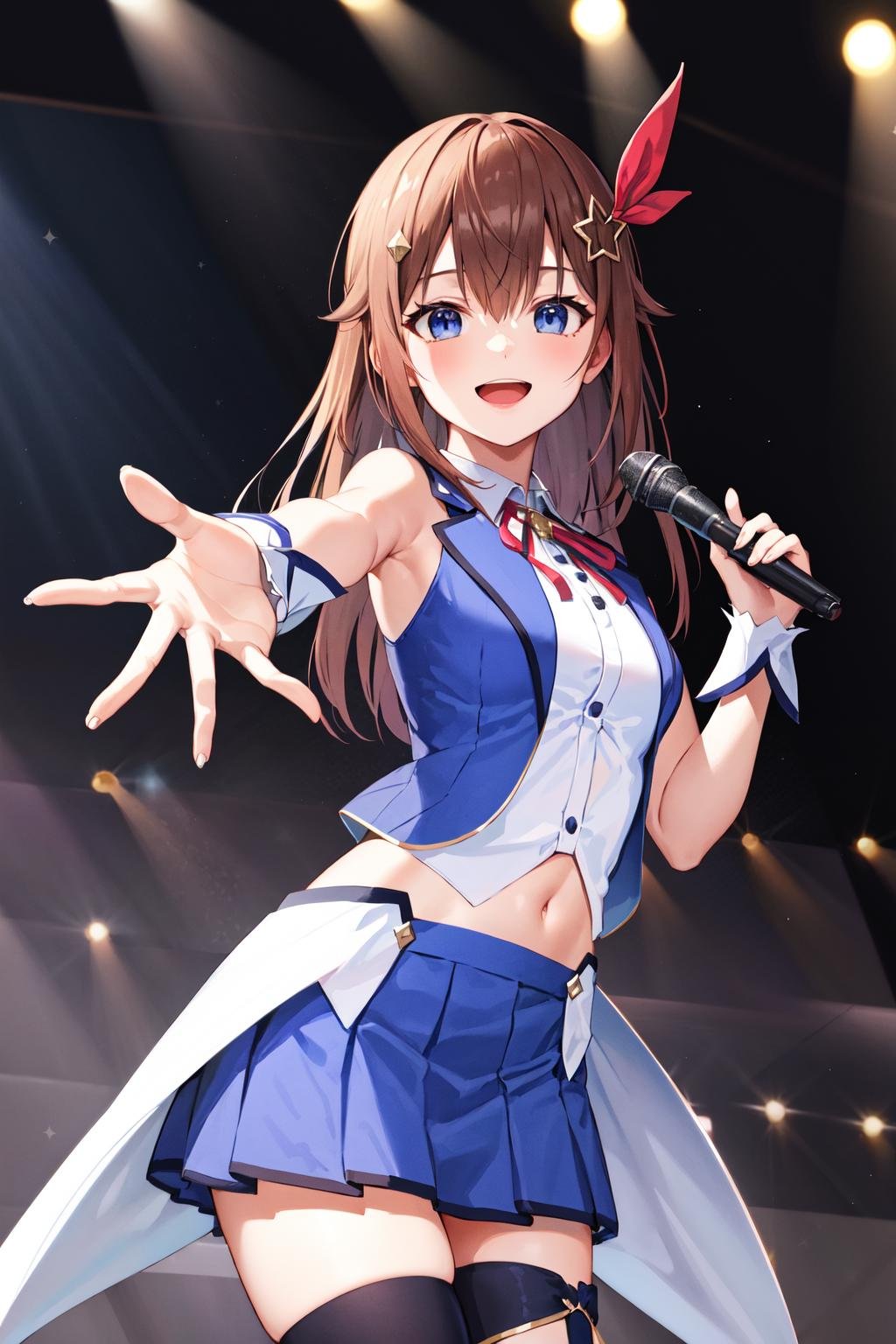 masterpiece, best quality, highres, ts1, white shirt, blue vest, sleeveless, blue thighhighs, blue skirt, waist cape, wrist cuffs, leg ribbon, neck ribbon, midriff, breasts, <lora:tokino_sora_v20a:0.7>, cowboy shot, on stage, holding microphone, reaching out, smile, open mouth,