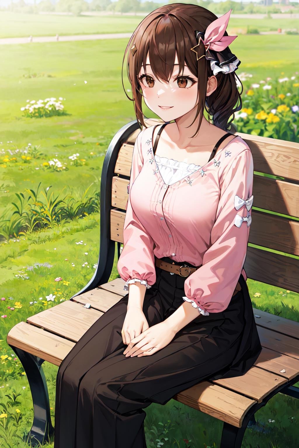 masterpiece, best quality, highres, ts2, brown eyes, pink shirt, long skirt, belt, long sleeves, breasts, <lora:tokino_sora_v20a:0.7>, filed, sitting, smile, bench, grass,