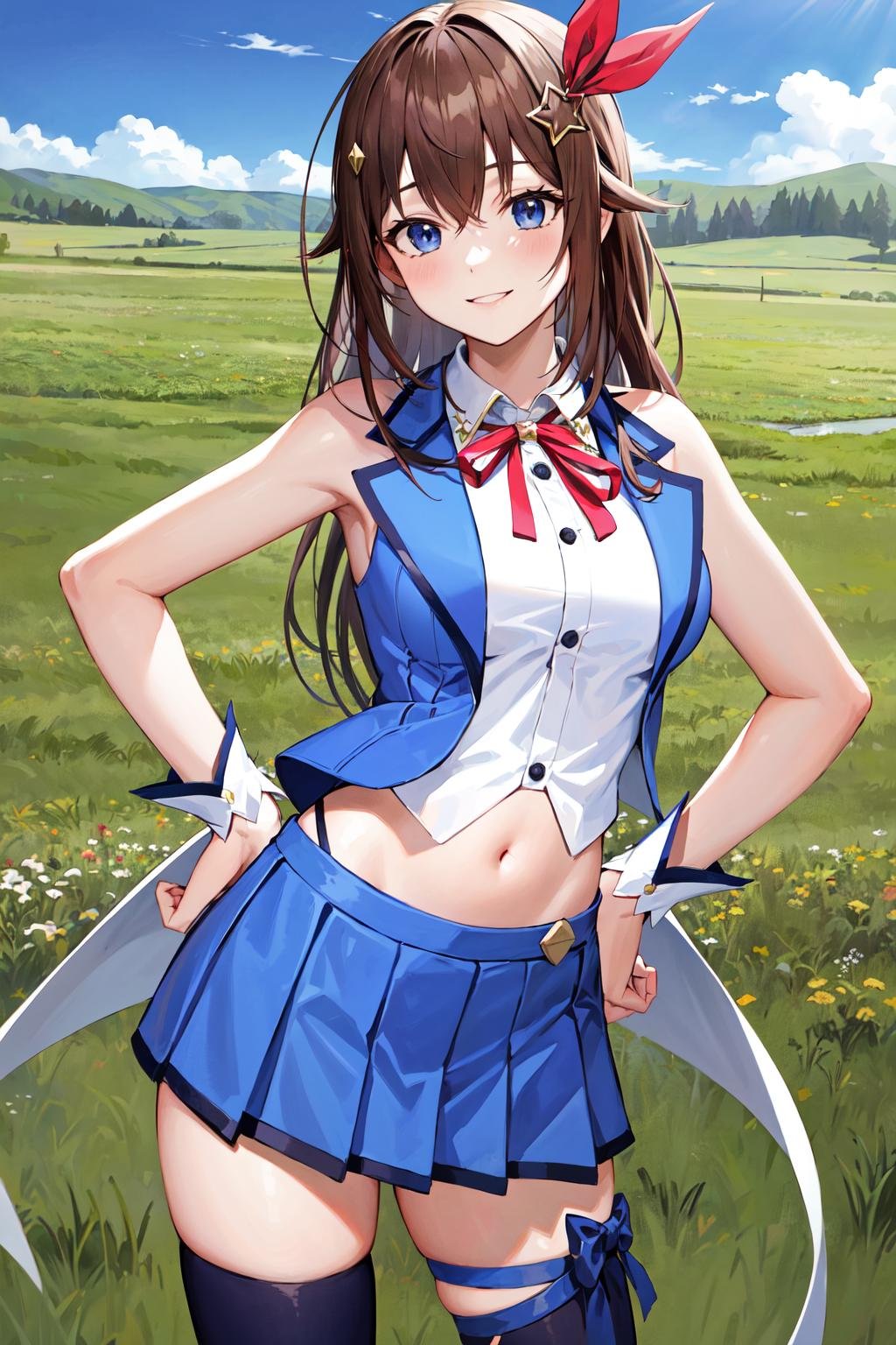 masterpiece, best quality, highres, ts1, white shirt, blue vest, sleeveless, blue thighhighs, blue skirt, waist cape, wrist cuffs, leg ribbon, neck ribbon, midriff, breasts, <lora:tokino_sora_v20a:0.7>, cowboy shot, filed, hand on hip, grass, day, smile,