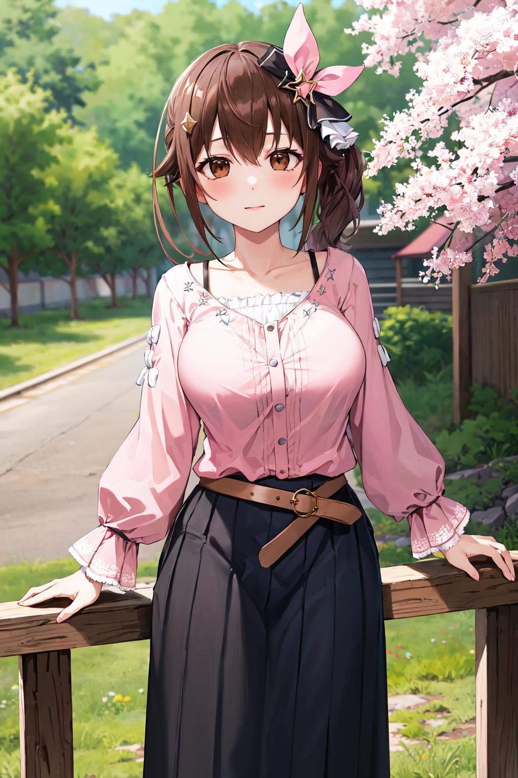 masterpiece, best quality, highres, ts2, brown eyes, pink shirt, long skirt, belt, long sleeves, breasts, <lora:tokino_sora_v20a:0.7>, cowboy shot, standing, looking at viewer, outdoors,