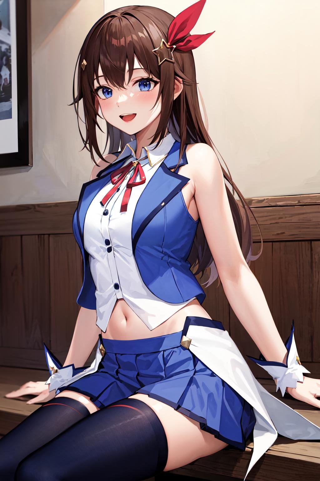 masterpiece, best quality, highres, ts1, white shirt, blue vest, sleeveless, blue thighhighs, blue skirt, waist cape, wrist cuffs, leg ribbon, neck ribbon, midriff, breasts, <lora:tokino_sora_v20a:0.7>, cowboy shot, sitting, smile, open mouth, 