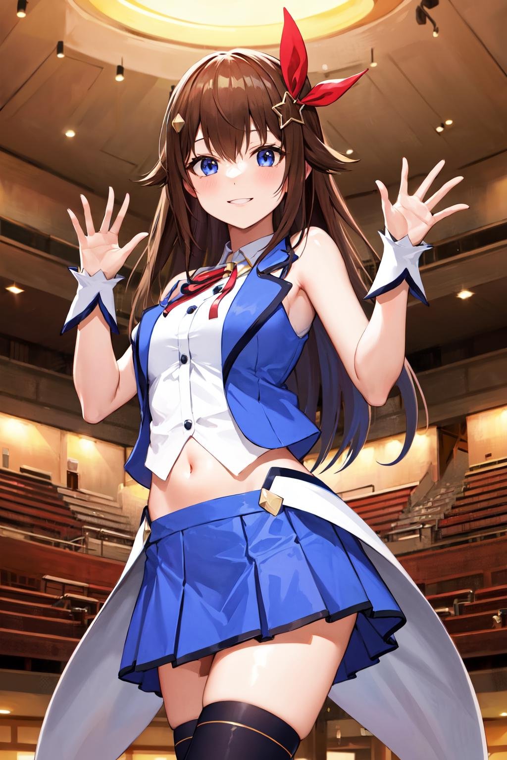 masterpiece, best quality, highres, ts1, white shirt, blue vest, sleeveless, blue thighhighs, blue skirt, waist cape, wrist cuffs, leg ribbon, neck ribbon, midriff, breasts, <lora:tokino_sora_v20a:0.7>,  cowboy shot, standing, looking at viewer, smile, waving,