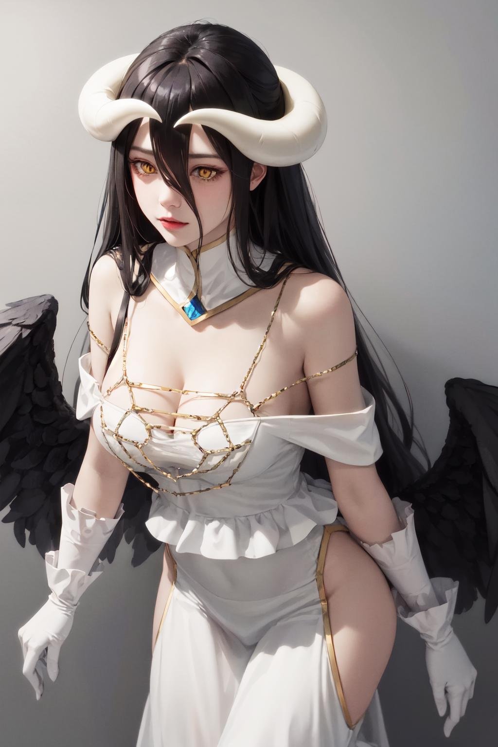 masterpiece, best quality, highres, al1, demon horns,  slit pupils, white gloves, white dress, bare shoulders, detached collar, cleavage, black wings, feathered wings, low wings, <lora:albedo_(overlord)_v10:0.7>