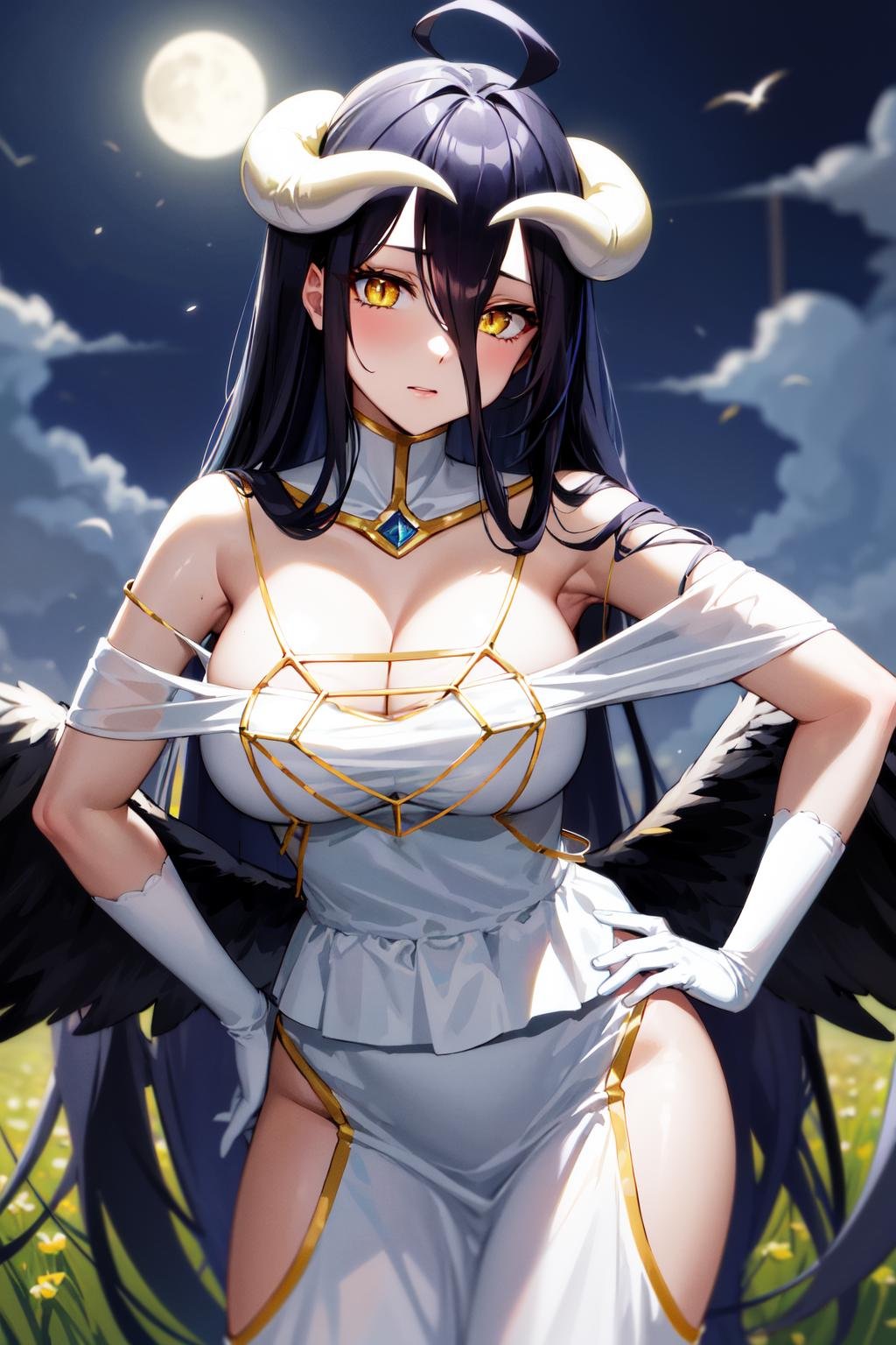 masterpiece, best quality, highres, al1, demon horns, slit pupils, white gloves, white dress, bare shoulders, detached collar, cleavage, black wings, feathered wings, low wings, <lora:albedo_(overlord)_v10:0.7>, cowboy shot, field, ruins, night, standing, hand on hip,