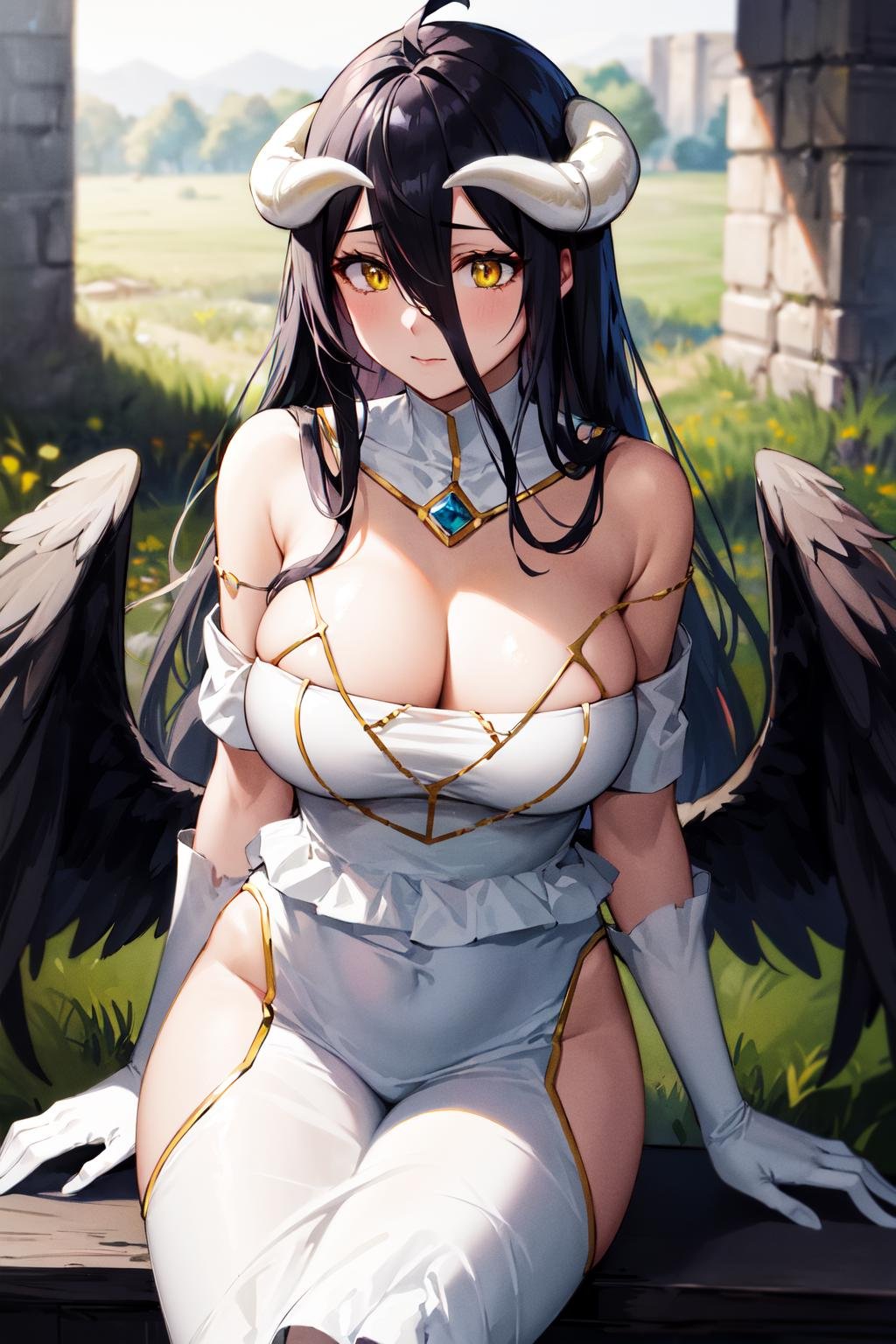masterpiece, best quality, highres, al1, demon horns, slit pupils, white gloves, white dress, bare shoulders, detached collar, cleavage, black wings, feathered wings, low wings, <lora:albedo_(overlord)_v10:0.7>, cowboy shot, field, ruins, night, standing, sitting,