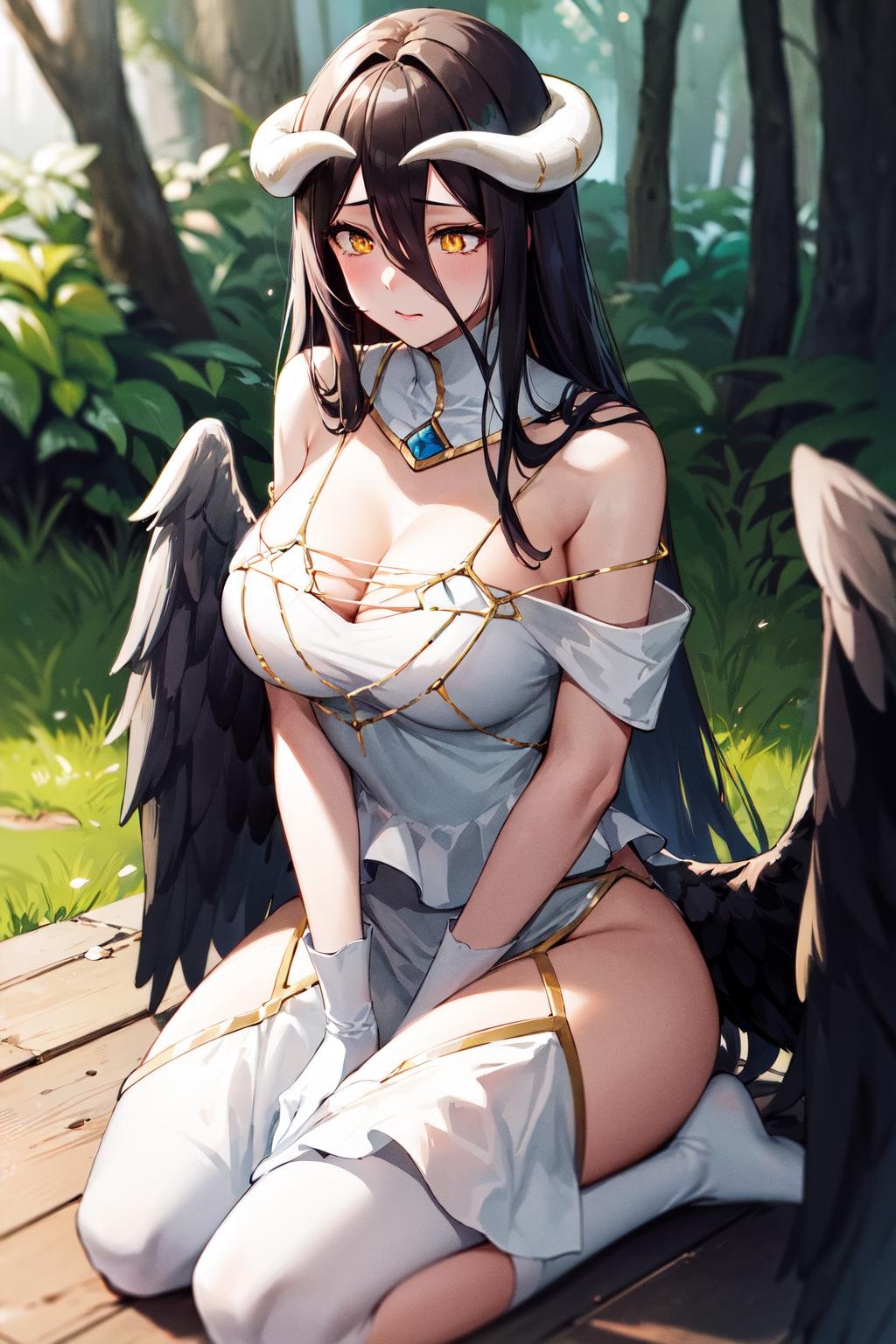 masterpiece, best quality, highres, al1, demon horns, slit pupils, white gloves, white dress, bare shoulders, detached collar, cleavage, black wings, feathered wings, low wings, <lora:albedo_(overlord)_v10:0.7>, cowboy shot, outdoors, sitting, kneeling, filed