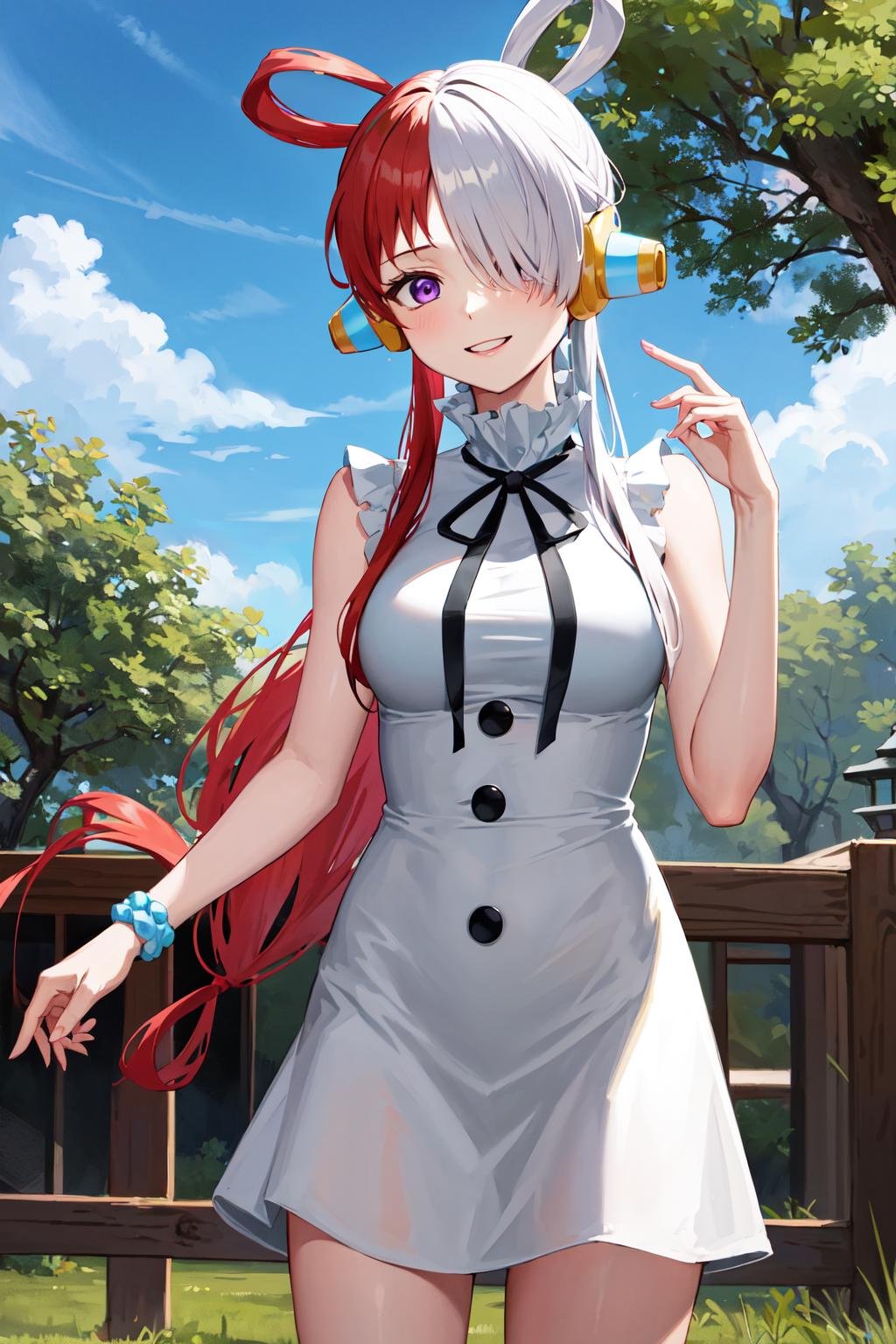 masterpiece, best quality, highres, 1girl, split-color hair, hair over one eye, red hair, multicolored hair, long hair, purple eyes, hair rings, white dress, headphones, white hair, black ribbon, bangs, sleeveless, medium breasts, <lora:uta_v1:0.8>, standing, outdoors, smile, cowboy shot,