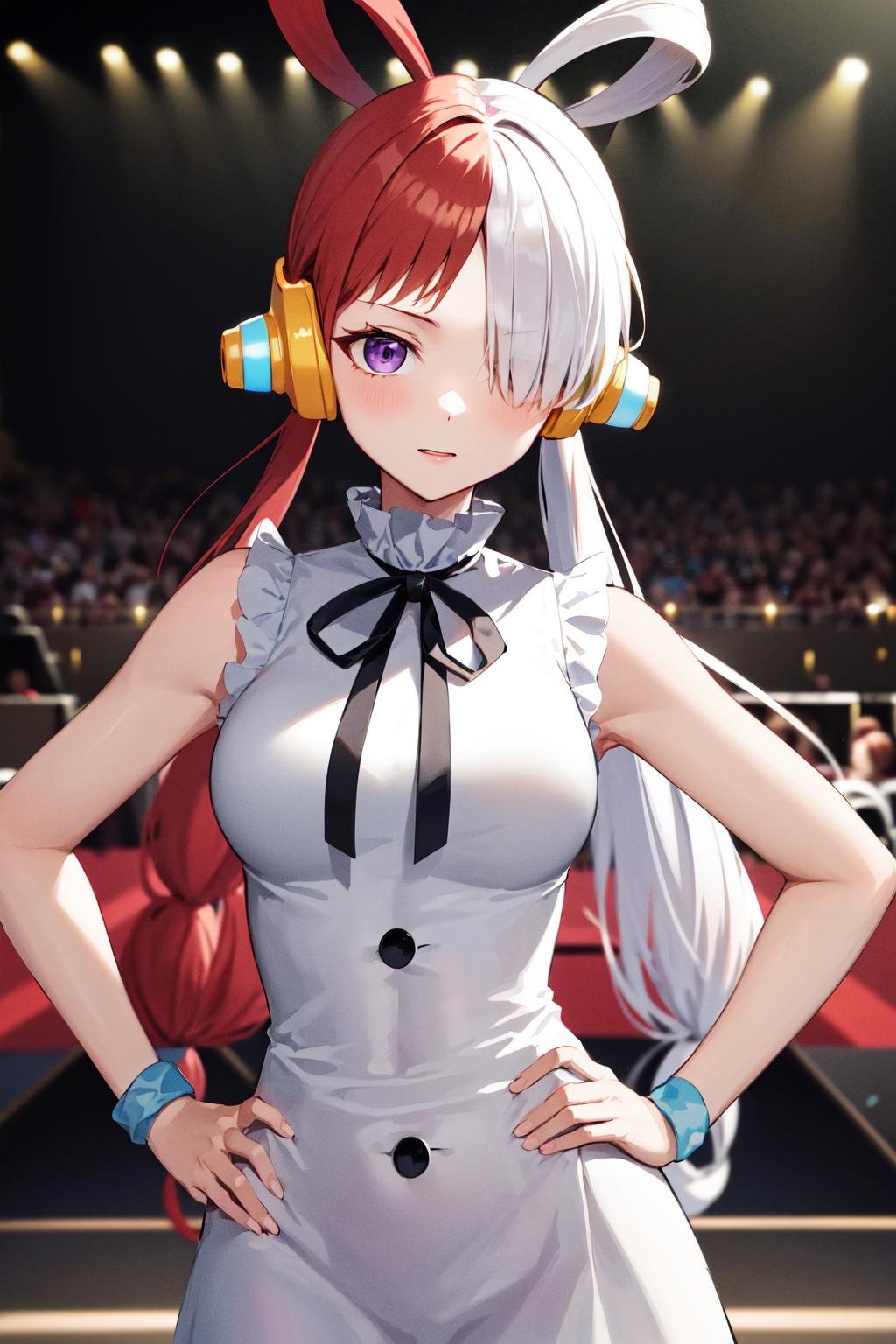 masterpiece, best quality, highres, 1girl, split-color hair, hair over one eye, red hair, multicolored hair, long hair, purple eyes, hair rings, white dress, headphones, white hair, black ribbon, bangs, sleeveless, medium breasts, <lora:uta_v1:0.7>, on the stage, hand on hip, crowd