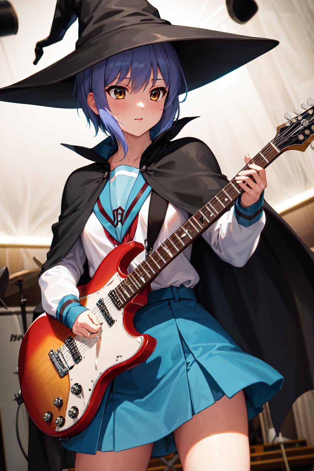 masterpiece, best quality, highres, ny1, school uniform, blue sailor collar, serafuku, skirt, blue skirt, long sleeves, witch hat, black cape, <lora:nagato_yuki_v10:0.7>, cowboy shot, standing, on the stage, holding instrument, guitar, 