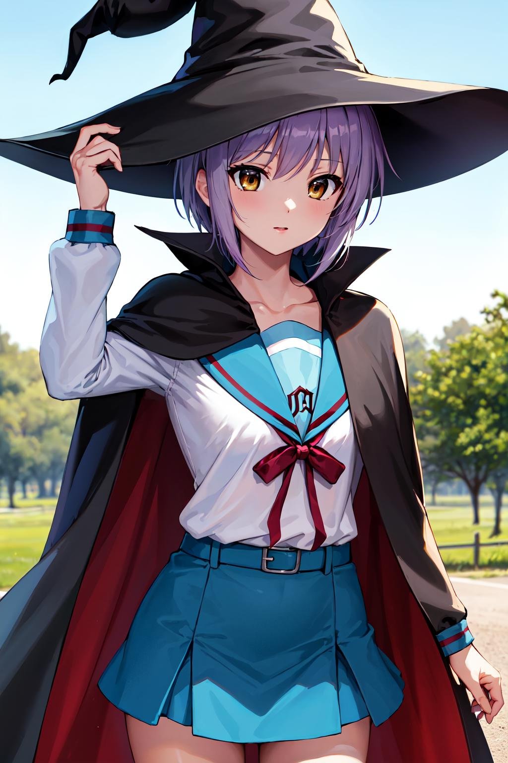 masterpiece, best quality, highres, ny1, school uniform, blue sailor collar, serafuku, skirt, blue skirt, long sleeves, witch hat, black cape, <lora:nagato_yuki_v10:0.7>, cowboy shot, standing, outdoor