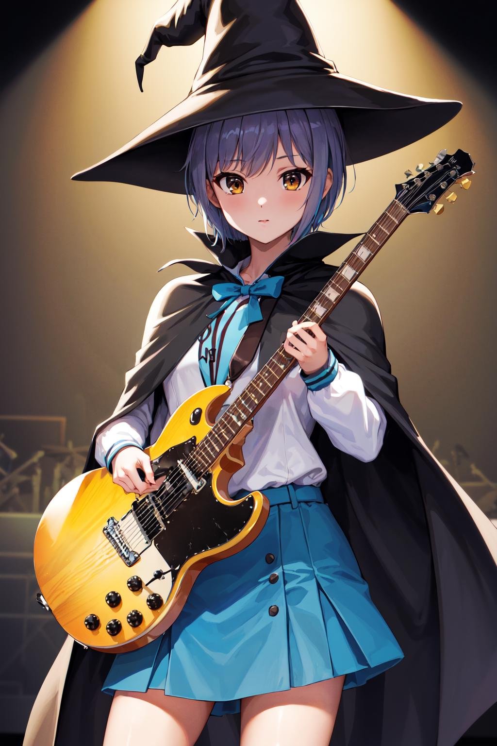 masterpiece, best quality, highres, ny1, school uniform, blue sailor collar, serafuku, skirt, blue skirt, long sleeves, witch hat, black cape, <lora:nagato_yuki_v10:0.7>, cowboy shot, standing, on the stage, holding instrument, guitar, 