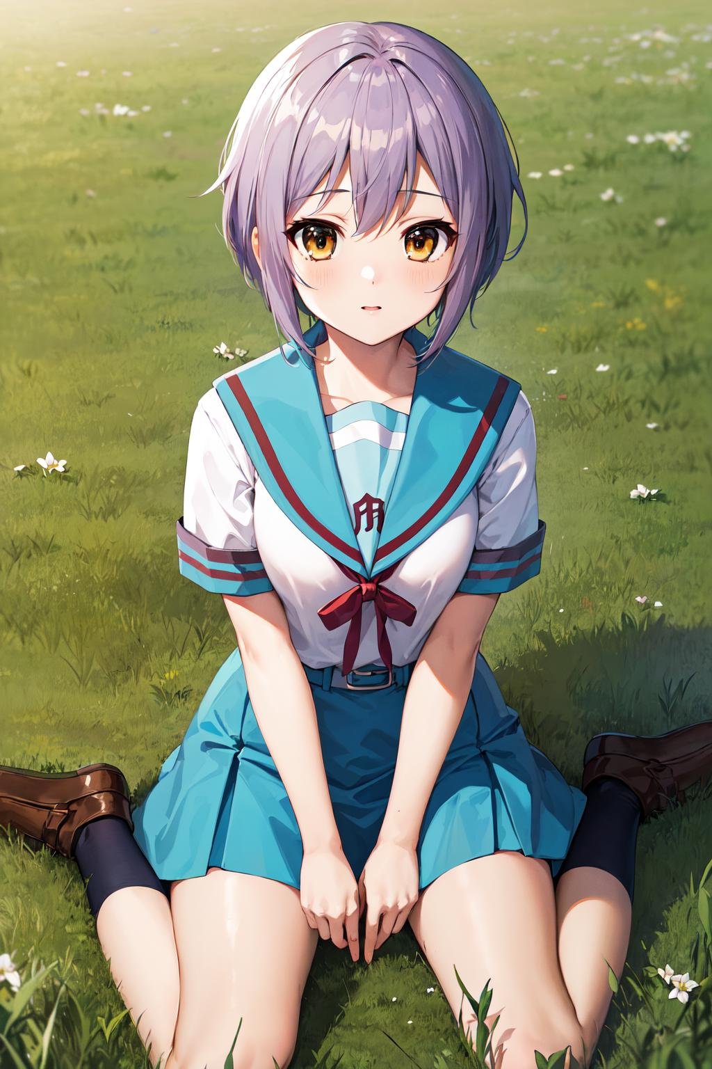 masterpiece, best quality, highres, ny1, school uniform, blue sailor collar, serafuku, skirt, blue skirt, short sleeves, white shirt, <lora:nagato_yuki_v10:0.7>, cowboy shot, grass, filed, wariza,