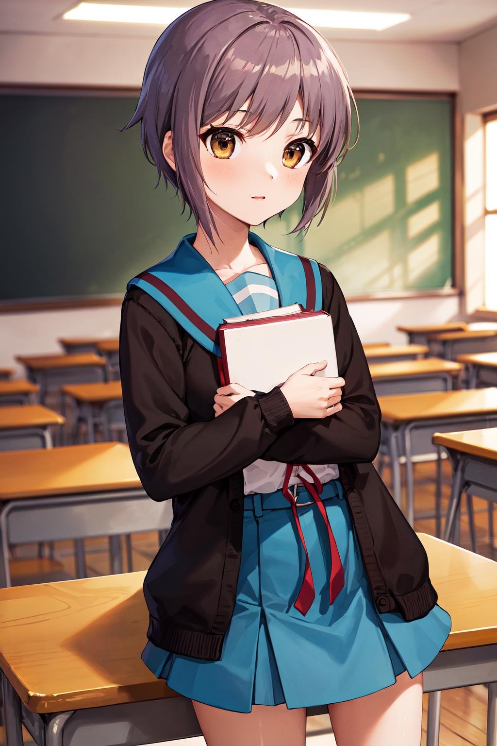 masterpiece, best quality, highres, ny1, school uniform, blue sailor collar, serafuku, skirt, blue skirt, long sleeves, brown cardigan, open cardigan, <lora:nagato_yuki_v10:0.7>, cowboy shot, standing, classroom, sitting, holding book, book