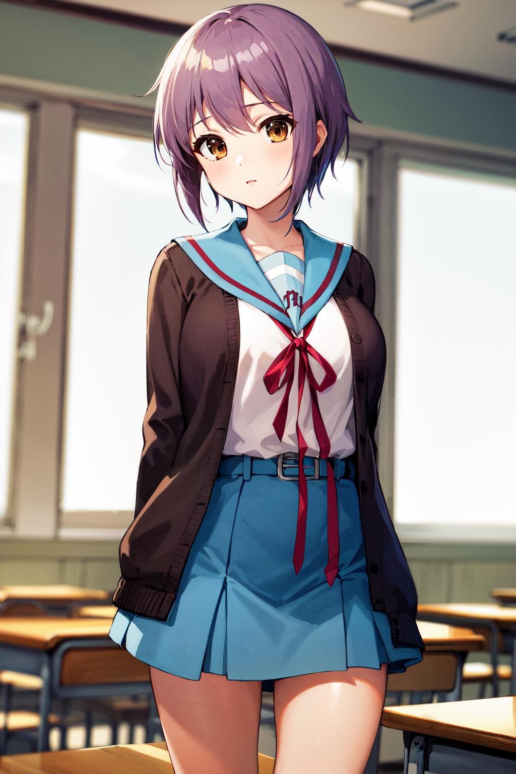 masterpiece, best quality, highres, ny1, school uniform, blue sailor collar, serafuku, skirt, blue skirt, long sleeves, brown cardigan, open cardigan, <lora:nagato_yuki_v10:0.7>, cowboy shot, standing, arms behind back, classroom, 