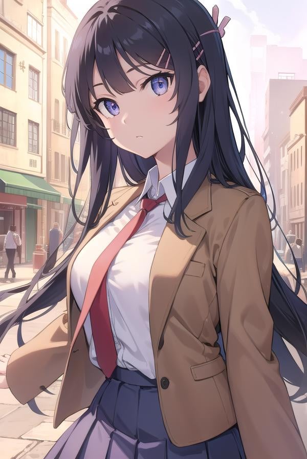 maisakurajima, <lora:maisakurajimatest:1>, sakurajima mai, long hair, bangs, black hair, hair ornament, (purple eyes:1.1), hairclip,BREAK skirt, shirt, school uniform, white shirt, short sleeves, pantyhose, pleated skirt, collared shirt, blue skirt, black pantyhose, red necktie, jacket, brown jacket,BREAK outdoors, city,BREAK looking at viewer, BREAK <lora:GoodHands-vanilla:1>, (masterpiece:1.2), best quality, high resolution, unity 8k wallpaper, (illustration:0.8), (beautiful detailed eyes:1.6), extremely detailed face, perfect lighting, extremely detailed CG, (perfect hands, perfect anatomy),