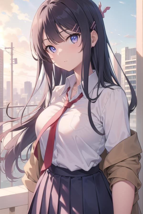 maisakurajima, <lora:maisakurajimatest:1>, sakurajima mai, long hair, bangs, black hair, hair ornament, (purple eyes:1.1), hairclip,BREAK skirt, shirt, school uniform, white shirt, short sleeves, pantyhose, pleated skirt, collared shirt, blue skirt, black pantyhose, red necktie, jacket, brown jacket,BREAK outdoors, city,BREAK looking at viewer, BREAK <lyco:GoodHands-beta2:1>, (masterpiece:1.2), best quality, high resolution, unity 8k wallpaper, (illustration:0.8), (beautiful detailed eyes:1.6), extremely detailed face, perfect lighting, extremely detailed CG, (perfect hands, perfect anatomy),