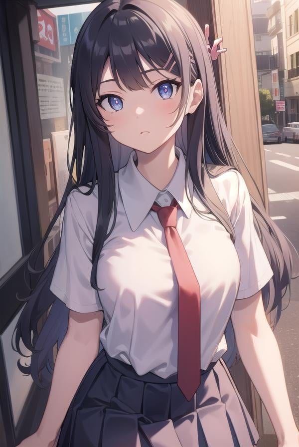 maisakurajima, <lora:maisakurajimatest:1>, sakurajima mai, long hair, bangs, black hair, hair ornament, (purple eyes:1.1), hairclip,BREAK skirt, shirt, school uniform, white shirt, short sleeves, pantyhose, pleated skirt, collared shirt, blue skirt, black pantyhose, red necktie, jacket, brown jacket,BREAK outdoors, city,BREAK looking at viewer, BREAK <lyco:GoodHands-beta2:1>, (masterpiece:1.2), best quality, high resolution, unity 8k wallpaper, (illustration:0.8), (beautiful detailed eyes:1.6), extremely detailed face, perfect lighting, extremely detailed CG, (perfect hands, perfect anatomy),