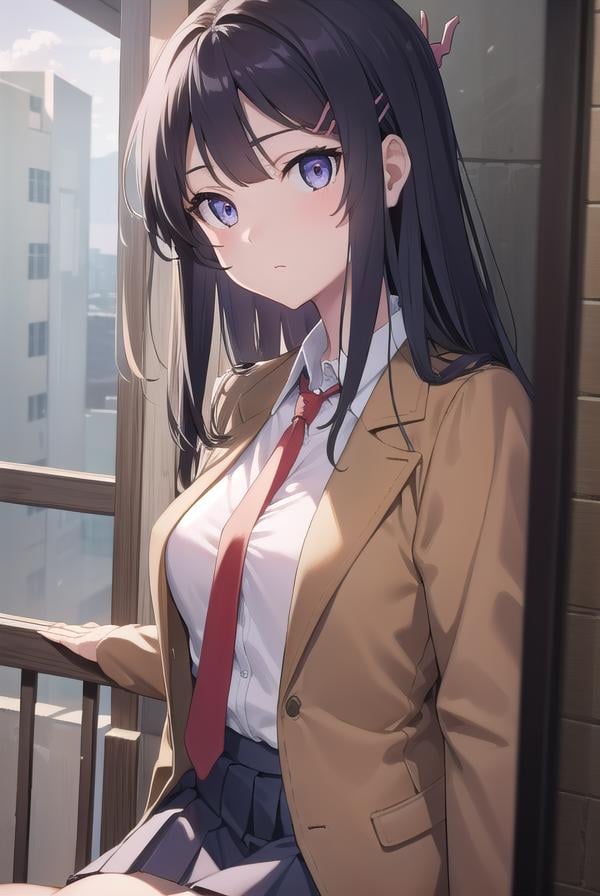 maisakurajima, <lora:maisakurajimatest:1>, sakurajima mai, long hair, bangs, black hair, hair ornament, (purple eyes:1.1), hairclip,BREAK skirt, shirt, school uniform, white shirt, short sleeves, pantyhose, pleated skirt, collared shirt, blue skirt, black pantyhose, red necktie, jacket, brown jacket,BREAK outdoors, city,BREAK looking at viewer, BREAK <lora:GoodHands-vanilla:1>, (masterpiece:1.2), best quality, high resolution, unity 8k wallpaper, (illustration:0.8), (beautiful detailed eyes:1.6), extremely detailed face, perfect lighting, extremely detailed CG, (perfect hands, perfect anatomy),