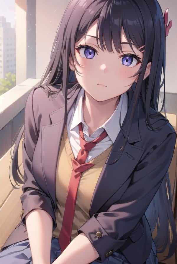 maisakurajima, <lora:maisakurajimatest:1>, sakurajima mai, long hair, bangs, black hair, hair ornament, (purple eyes:1.1), hairclip,BREAK skirt, shirt, school uniform, white shirt, short sleeves, pantyhose, pleated skirt, collared shirt, blue skirt, black pantyhose, red necktie, jacket, brown jacket,BREAK outdoors, city,BREAK looking at viewer, BREAK <lyco:GoodHands-beta2:1>, (masterpiece:1.2), best quality, high resolution, unity 8k wallpaper, (illustration:0.8), (beautiful detailed eyes:1.6), extremely detailed face, perfect lighting, extremely detailed CG, (perfect hands, perfect anatomy),