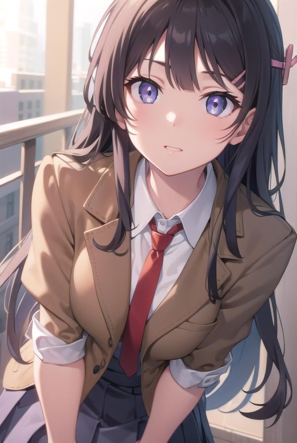 maisakurajima, <lora:maisakurajimatest:1>, sakurajima mai, long hair, bangs, black hair, hair ornament, (purple eyes:1.1), hairclip,BREAK skirt, shirt, school uniform, white shirt, short sleeves, pantyhose, pleated skirt, collared shirt, blue skirt, black pantyhose, red necktie, jacket, brown jacket,BREAK outdoors, city,BREAK looking at viewer, BREAK <lyco:GoodHands-beta2:1>, (masterpiece:1.2), best quality, high resolution, unity 8k wallpaper, (illustration:0.8), (beautiful detailed eyes:1.6), extremely detailed face, perfect lighting, extremely detailed CG, (perfect hands, perfect anatomy),