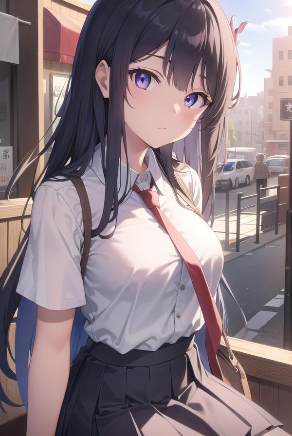 maisakurajima, <lora:maisakurajimatest:1>, sakurajima mai, long hair, bangs, black hair, hair ornament, (purple eyes:1.1), hairclip,BREAK skirt, shirt, school uniform, white shirt, short sleeves, pantyhose, pleated skirt, collared shirt, blue skirt, black pantyhose, red necktie, jacket, brown jacket,BREAK outdoors, city,BREAK looking at viewer, BREAK <lyco:GoodHands-beta2:1>, (masterpiece:1.2), best quality, high resolution, unity 8k wallpaper, (illustration:0.8), (beautiful detailed eyes:1.6), extremely detailed face, perfect lighting, extremely detailed CG, (perfect hands, perfect anatomy),