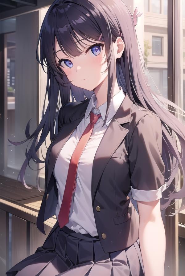 maisakurajima, <lora:maisakurajimatest:1>, sakurajima mai, long hair, bangs, black hair, hair ornament, (purple eyes:1.1), hairclip,BREAK skirt, shirt, school uniform, white shirt, short sleeves, pantyhose, pleated skirt, collared shirt, blue skirt, black pantyhose, red necktie, jacket, brown jacket,BREAK outdoors, city,BREAK looking at viewer, BREAK <lyco:GoodHands-beta2:1>, (masterpiece:1.2), best quality, high resolution, unity 8k wallpaper, (illustration:0.8), (beautiful detailed eyes:1.6), extremely detailed face, perfect lighting, extremely detailed CG, (perfect hands, perfect anatomy),