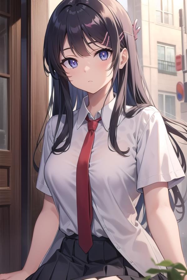 maisakurajima, <lora:maisakurajimatest:1>, sakurajima mai, long hair, bangs, black hair, hair ornament, (purple eyes:1.1), hairclip,BREAK skirt, shirt, school uniform, white shirt, short sleeves, pantyhose, pleated skirt, collared shirt, blue skirt, black pantyhose, red necktie, jacket, brown jacket,BREAK outdoors, city,BREAK looking at viewer, BREAK <lyco:GoodHands-beta2:1>, (masterpiece:1.2), best quality, high resolution, unity 8k wallpaper, (illustration:0.8), (beautiful detailed eyes:1.6), extremely detailed face, perfect lighting, extremely detailed CG, (perfect hands, perfect anatomy),