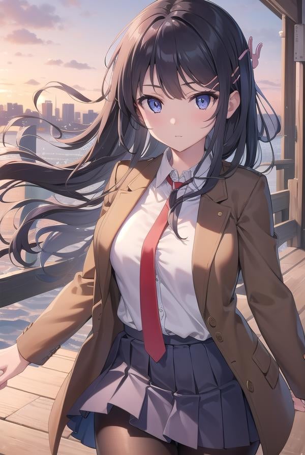 maisakurajima, <lora:maisakurajimatest:1>, sakurajima mai, long hair, bangs, black hair, hair ornament, (purple eyes:1.1), hairclip,BREAK skirt, shirt, school uniform, white shirt, short sleeves, pantyhose, pleated skirt, collared shirt, blue skirt, black pantyhose, red necktie, jacket, brown jacket,BREAK outdoors, city,BREAK looking at viewer, BREAK <lyco:GoodHands-beta2:1>, (masterpiece:1.2), best quality, high resolution, unity 8k wallpaper, (illustration:0.8), (beautiful detailed eyes:1.6), extremely detailed face, perfect lighting, extremely detailed CG, (perfect hands, perfect anatomy),