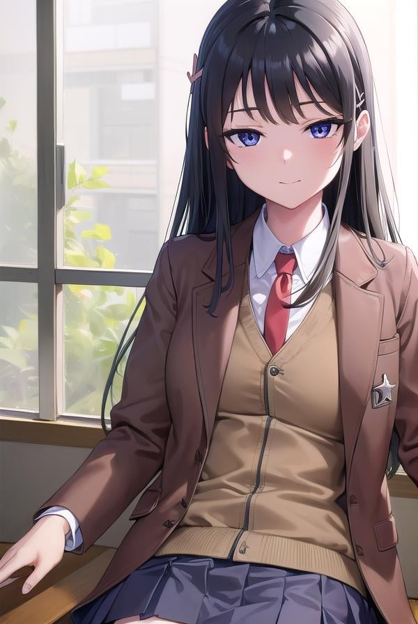 maisakurajima, <lora:maisakurajima-lora-nochekaiser:1>, sakurajima mai, long hair, bangs, (black hair:1.5), hair ornament, (purple eyes:1.1), hairclip, rabbit hair ornament, <lora:sensualface_type1:1>, smile,BREAK skirt, shirt, school uniform, white shirt, short sleeves, pantyhose, pleated skirt, collared shirt, blue skirt, black pantyhose, red necktie, jacket, (brown jacket:1.5),BREAK indoors, classroom,BREAK looking at viewer, (cowboy shot:1.5),BREAK <lyco:GoodHands-beta2:1>, (masterpiece:1.2), best quality, high resolution, unity 8k wallpaper, (illustration:0.8), (beautiful detailed eyes:1.6), extremely detailed face, perfect lighting, extremely detailed CG, (perfect hands, perfect anatomy),