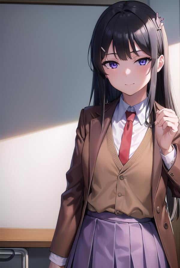 maisakurajima, <lora:maisakurajima-lora-nochekaiser:1>, sakurajima mai, long hair, bangs, (black hair:1.5), hair ornament, (purple eyes:1.2), hairclip, rabbit hair ornament, <lora:sensualface_type2:1>, smile,BREAK skirt, shirt, school uniform, white shirt, short sleeves, pantyhose, pleated skirt, collared shirt, blue skirt, black pantyhose, red necktie, jacket, (brown jacket:1.5),BREAK indoors, classroom,BREAK looking at viewer, (cowboy shot:1.5),BREAK <lyco:GoodHands-beta2:1>, (masterpiece:1.2), best quality, high resolution, unity 8k wallpaper, (illustration:0.8), (beautiful detailed eyes:1.6), extremely detailed face, perfect lighting, extremely detailed CG, (perfect hands, perfect anatomy),