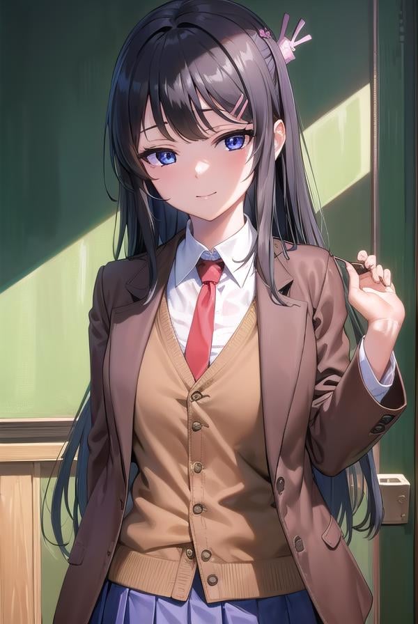 maisakurajima, <lora:maisakurajima-lora-nochekaiser:1>, sakurajima mai, long hair, bangs, (black hair:1.5), hair ornament, (purple eyes:1.2), hairclip, rabbit hair ornament, <lora:sensualface_type2:1>, smile,BREAK skirt, shirt, school uniform, white shirt, short sleeves, pantyhose, pleated skirt, collared shirt, blue skirt, black pantyhose, red necktie, jacket, (brown jacket:1.5),BREAK indoors, classroom,BREAK looking at viewer, (cowboy shot:1.5),BREAK <lyco:GoodHands-beta2:1>, (masterpiece:1.2), best quality, high resolution, unity 8k wallpaper, (illustration:0.8), (beautiful detailed eyes:1.6), extremely detailed face, perfect lighting, extremely detailed CG, (perfect hands, perfect anatomy),